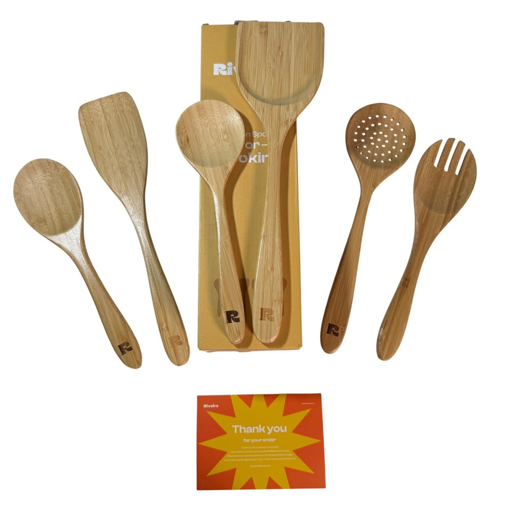 Riveira Bamboo Wooden Spoons‎ for Cooking Utensil Set Non Toxic 6 Piece